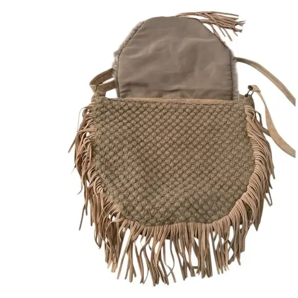 Boho Fringe Crossbody Bag Faux Fur Western Festival Indie Cowgirl Tan AZIZA - Picture 4 of 7